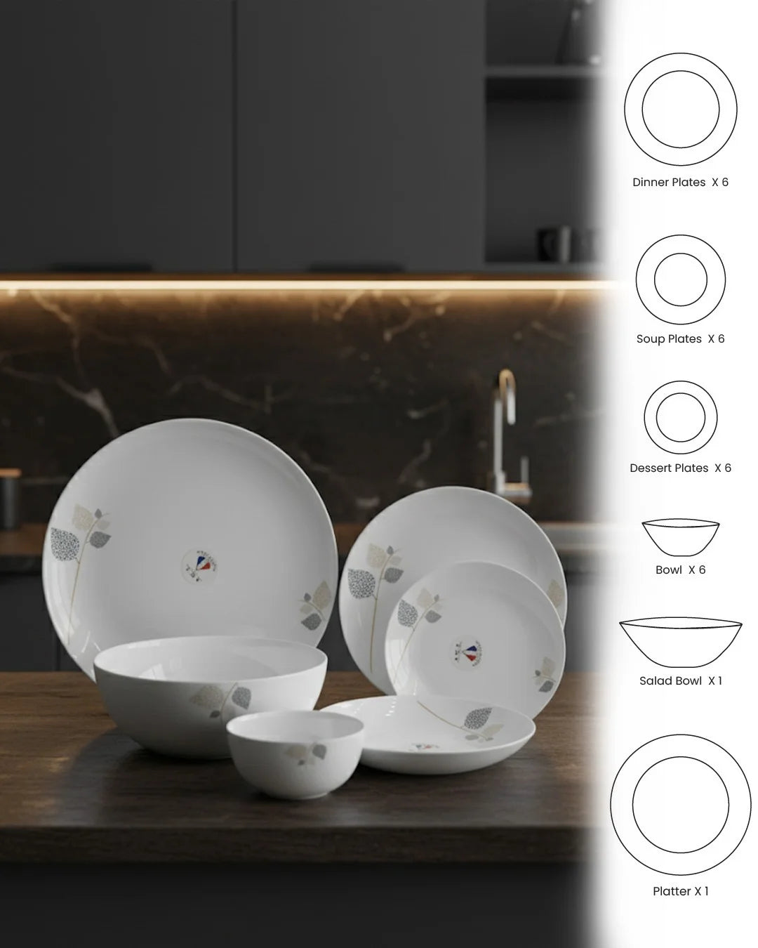 26-Piece Opal Dinner Set – Leaf Pattern Design