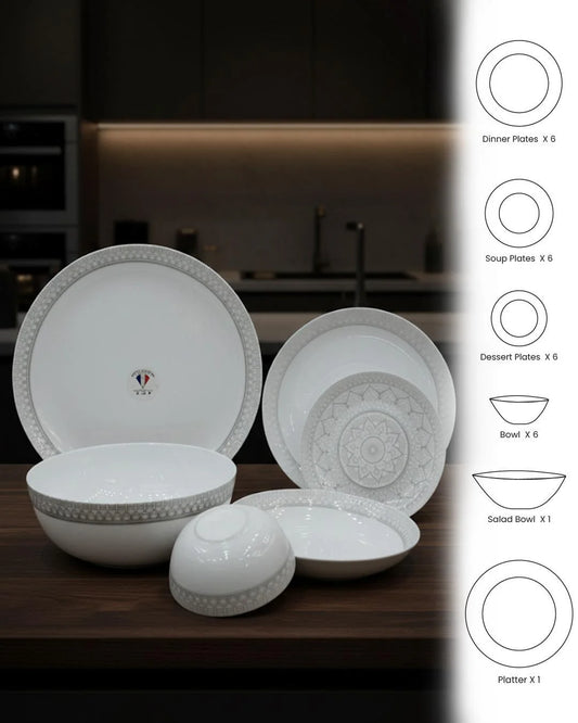 26-Piece Opal Dinner Set – Elegant Grey Geometric Border