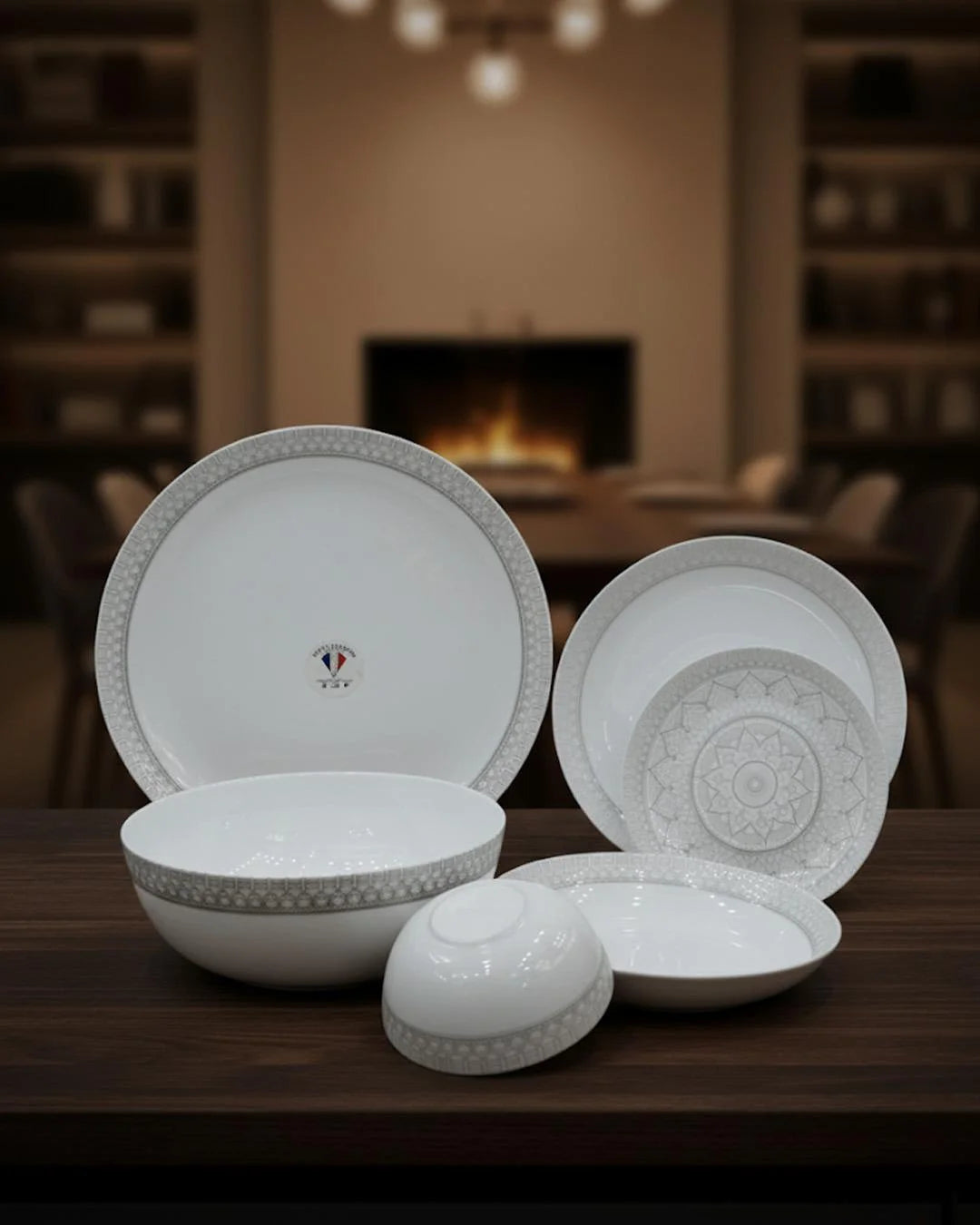 26-Piece Opal Dinner Set – Elegant Grey Geometric Border