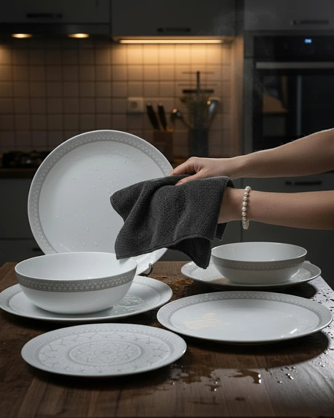 26-Piece Opal Dinner Set – Elegant Grey Geometric Border