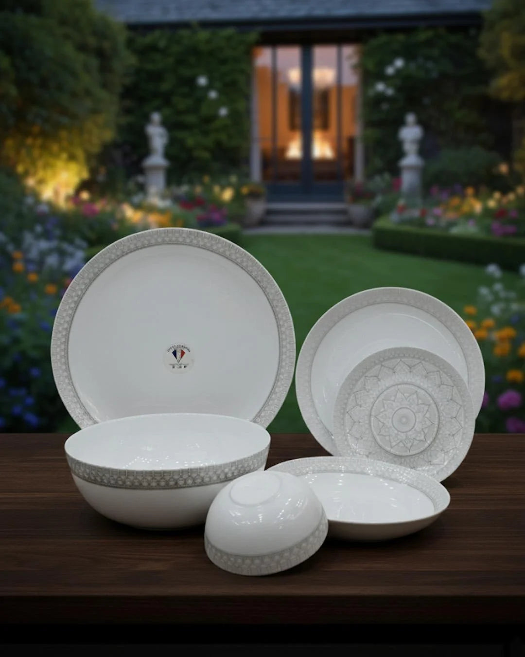 26-Piece Opal Dinner Set – Elegant Grey Geometric Border