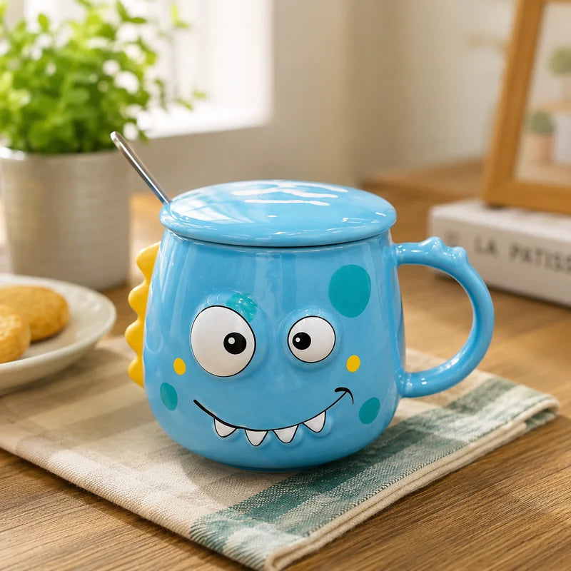 Cute Blue Dinosaur Ceramic Mug with Lid & Spoon