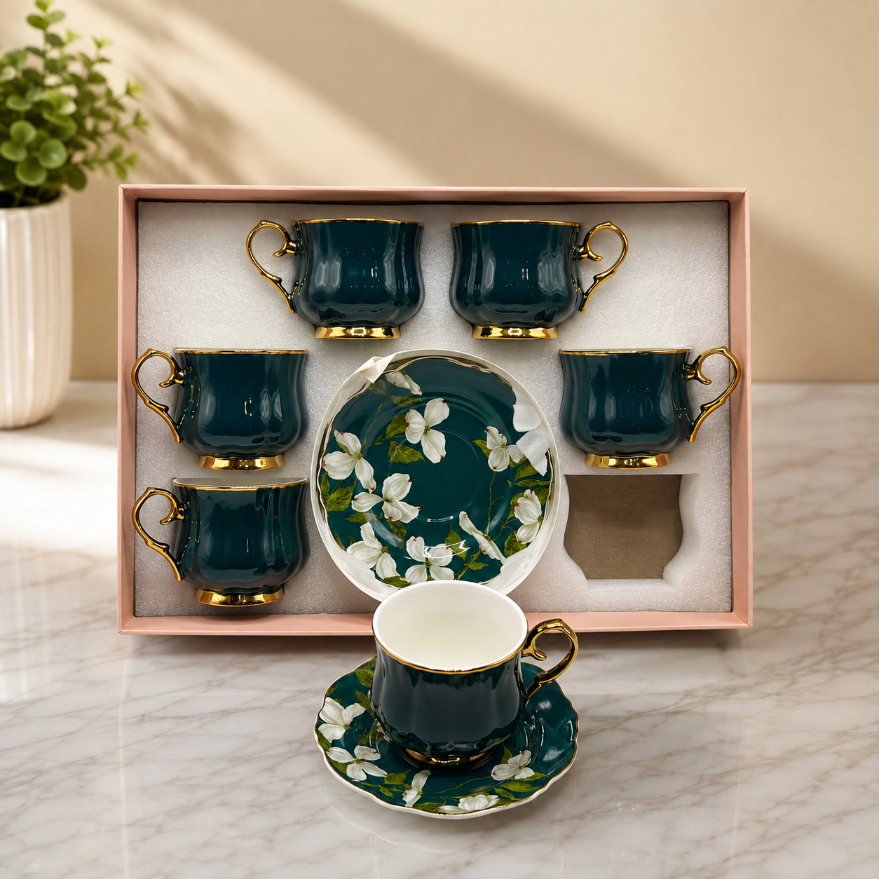 Green Floral Cup & Saucer Set – 12 Pieces