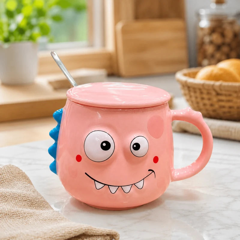 Cute Pink Monster Ceramic Mug with Lid & Spoon