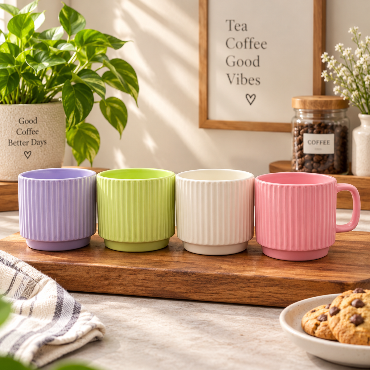 Ribbed Ceramic Mug Set – 4 Pcs