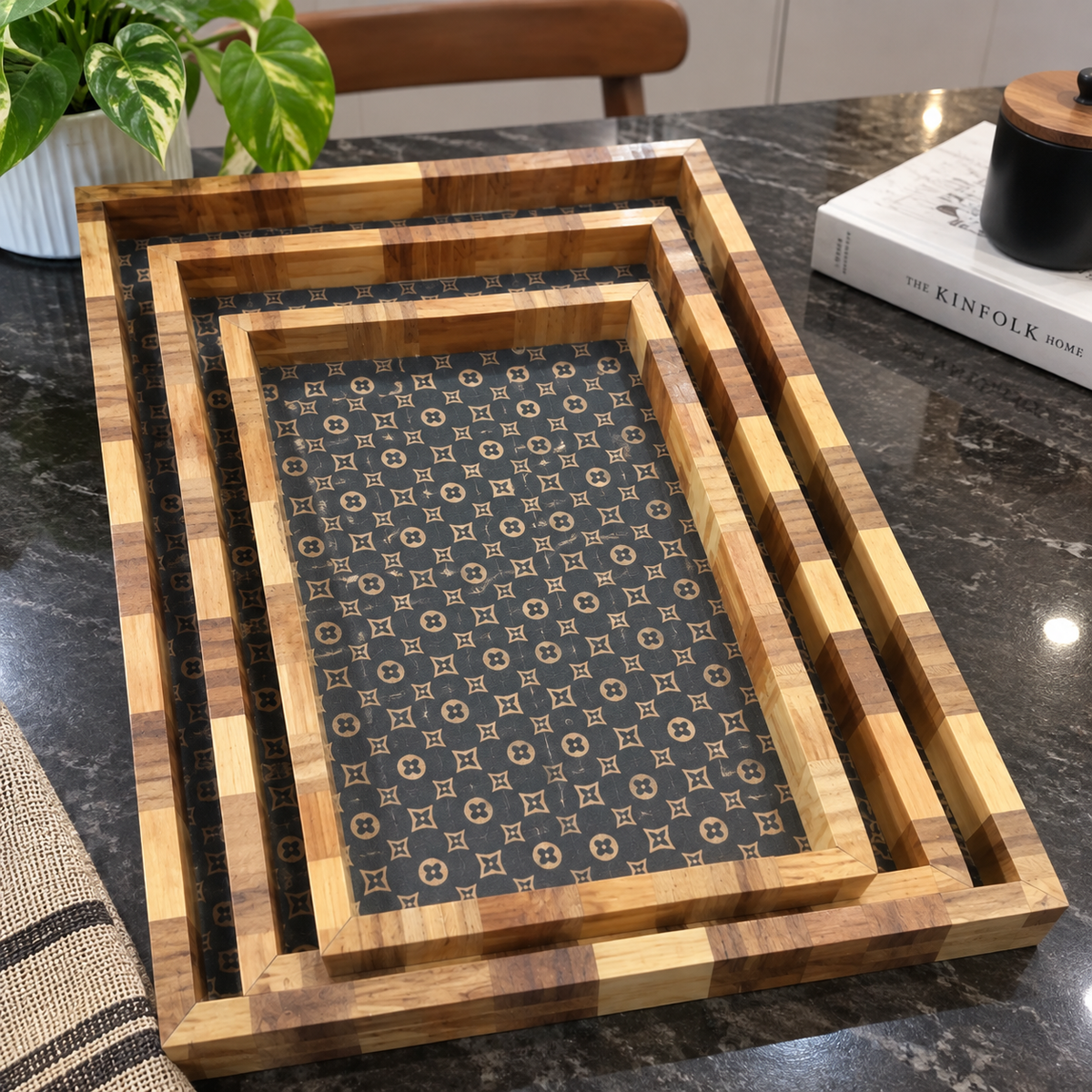 3-Piece Premium Wooden Serving Tray Set with Geometric Design