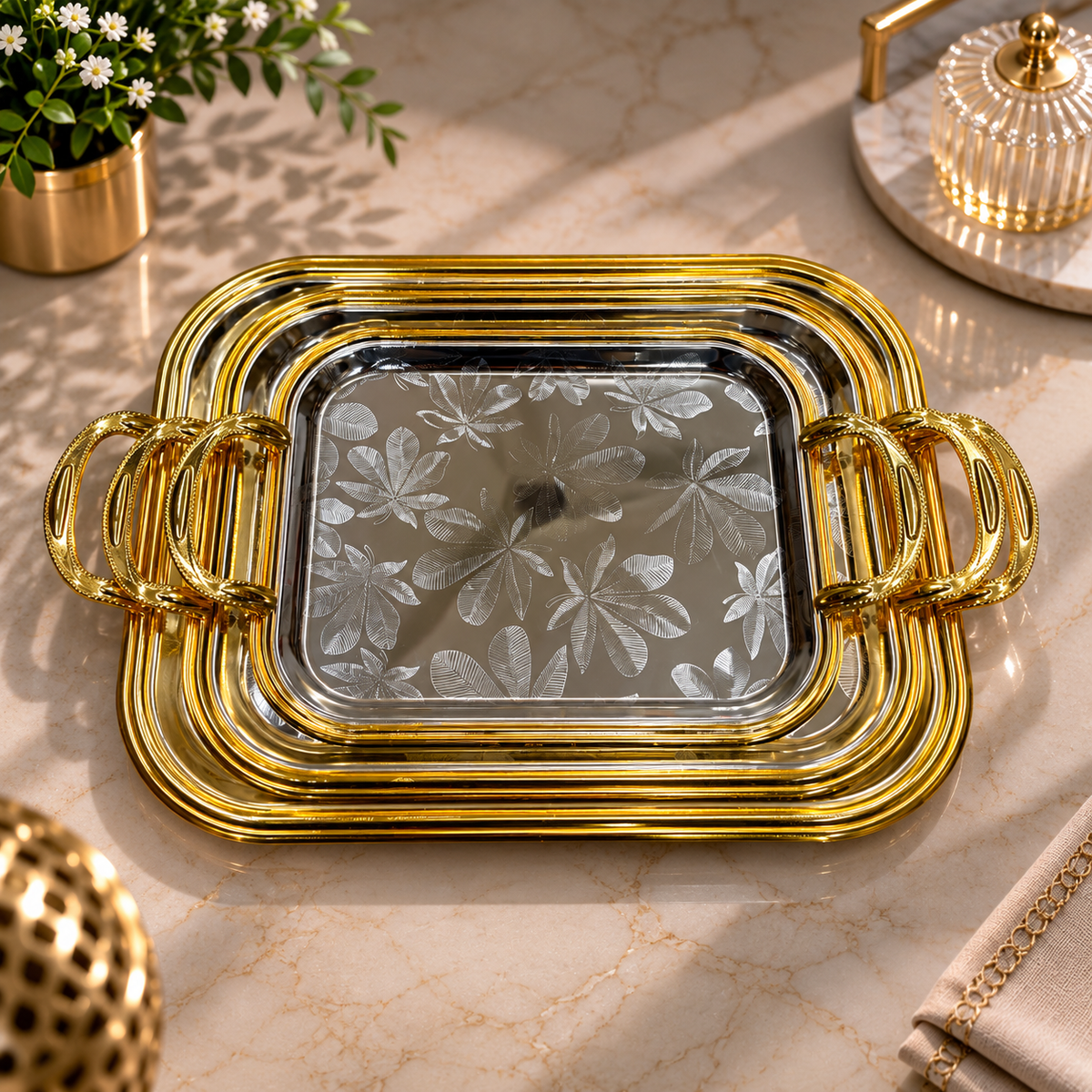 3-Piece Golden & Silver Stainless Steel Tray Set