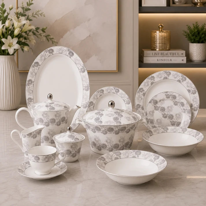 Regal Silver Blossom Dinner Set – 61 Pieces