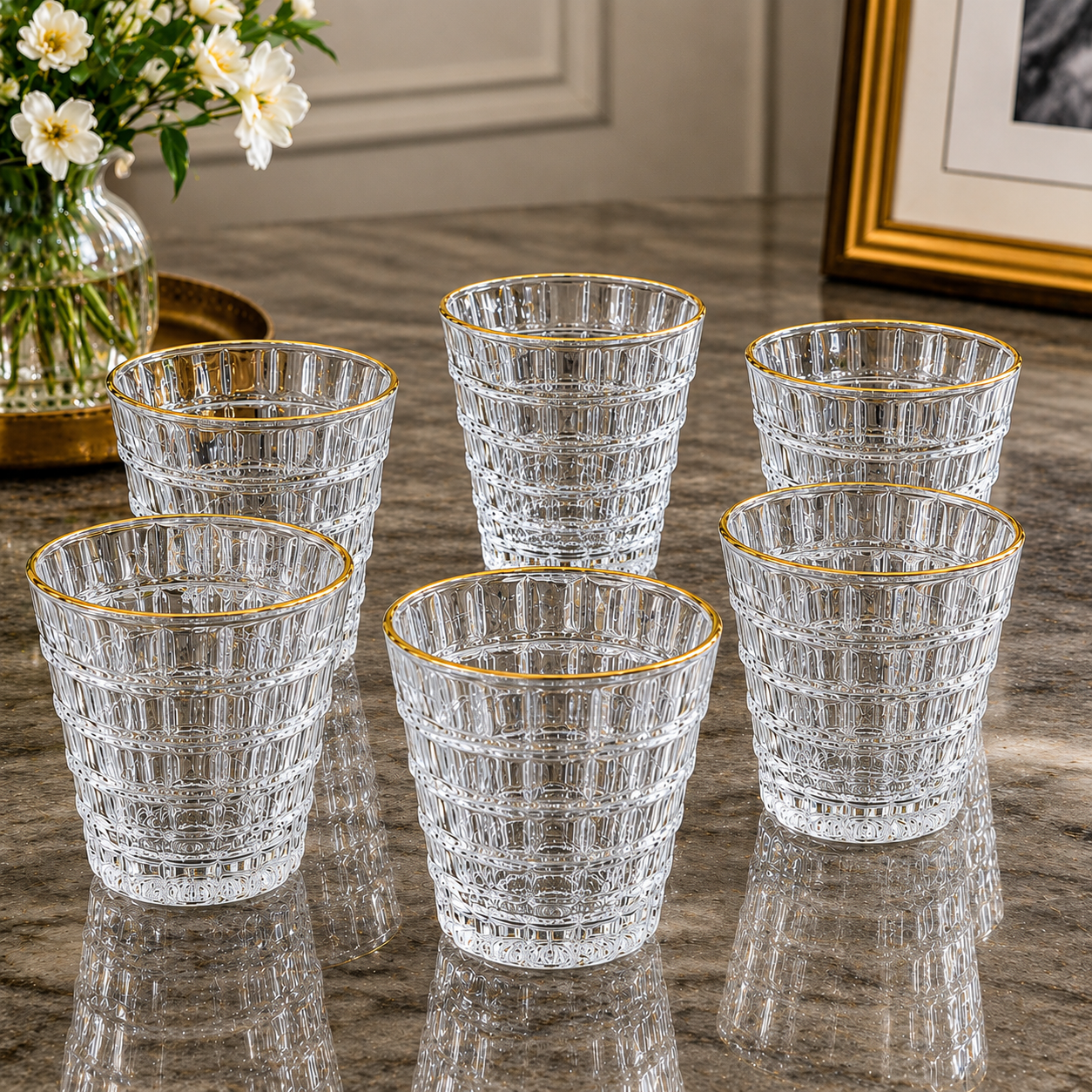 6 Pcs Premium Ribbed Gold Rim Glass Tumbler Set