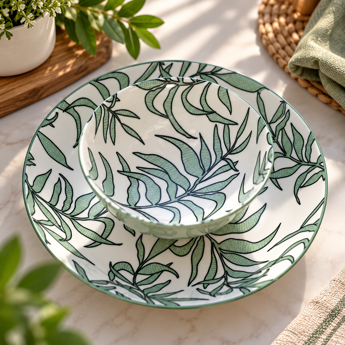 24-Piece Premium Green Botanical Stoneware Ceramic Dinnerware Set