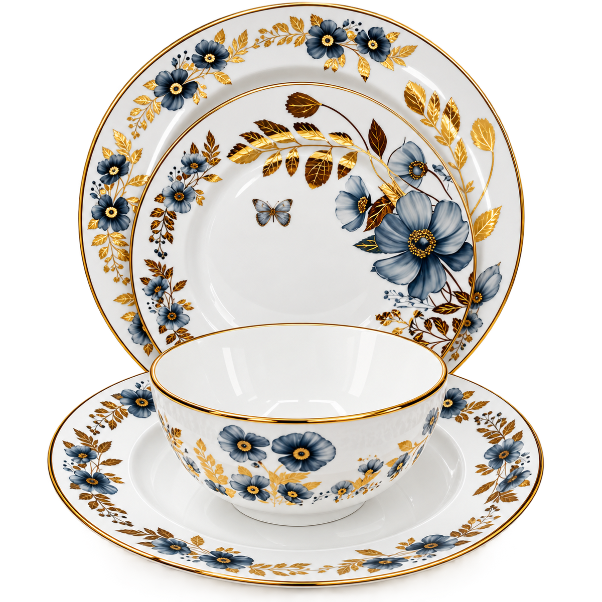 Premium Porcelain 24-Piece Dinner Set for 6 Persons – Blue Floral & Gold Rim