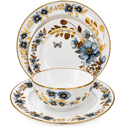 Premium Porcelain 24-Piece Dinner Set for 6 Persons – Blue Floral & Gold Rim