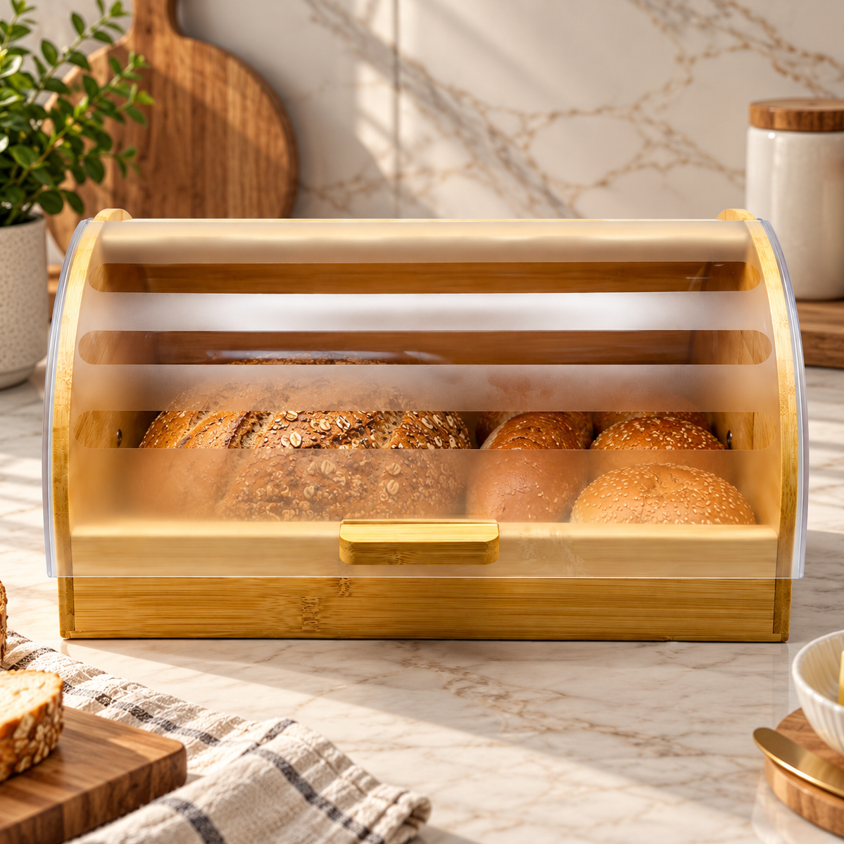 Premium Bamboo Bread Box with Roll-Top Lid