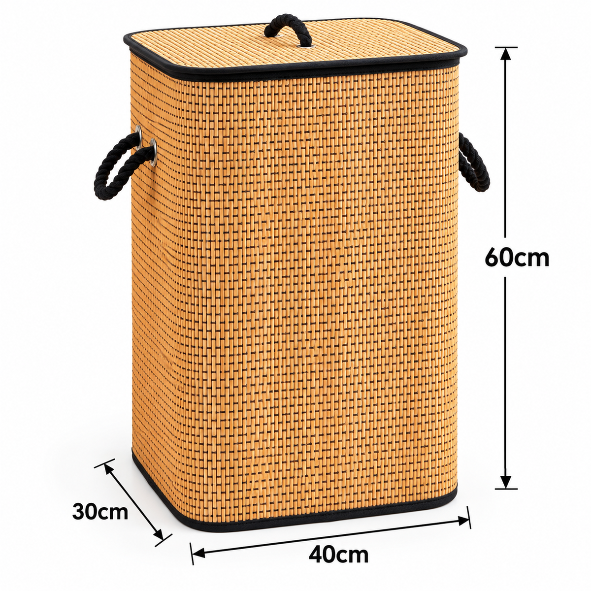 Bamboo Laundry Basket with Lid & Black Rope Handles – 40 × 30 × 60 cm