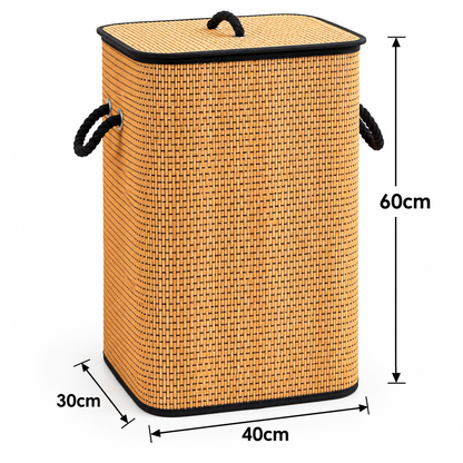 Bamboo Laundry Basket with Lid & Black Rope Handles – 40 × 30 × 60 cm