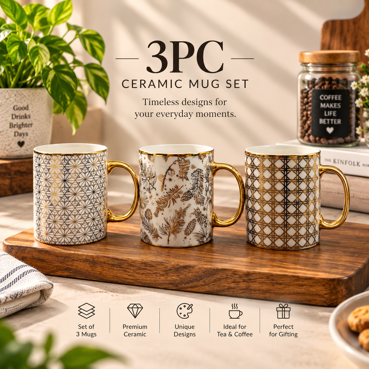 Premium Printed Ceramic Mug Set – 3 Pcs