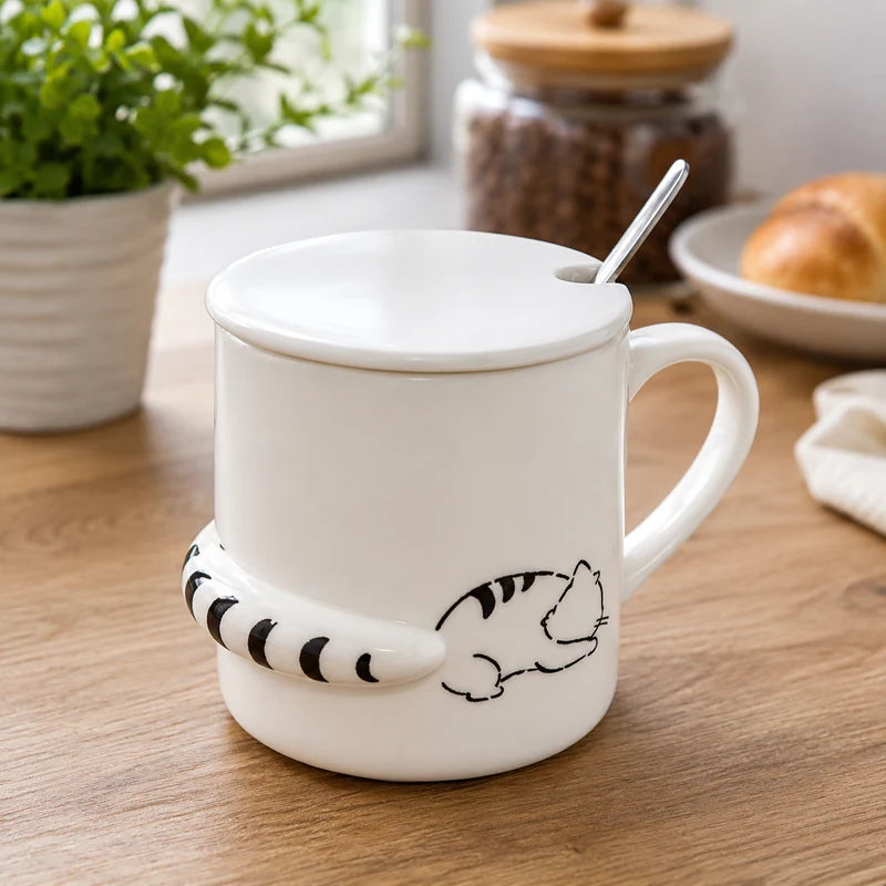 Cute Cat Tail Ceramic Mug with Lid & Spoon