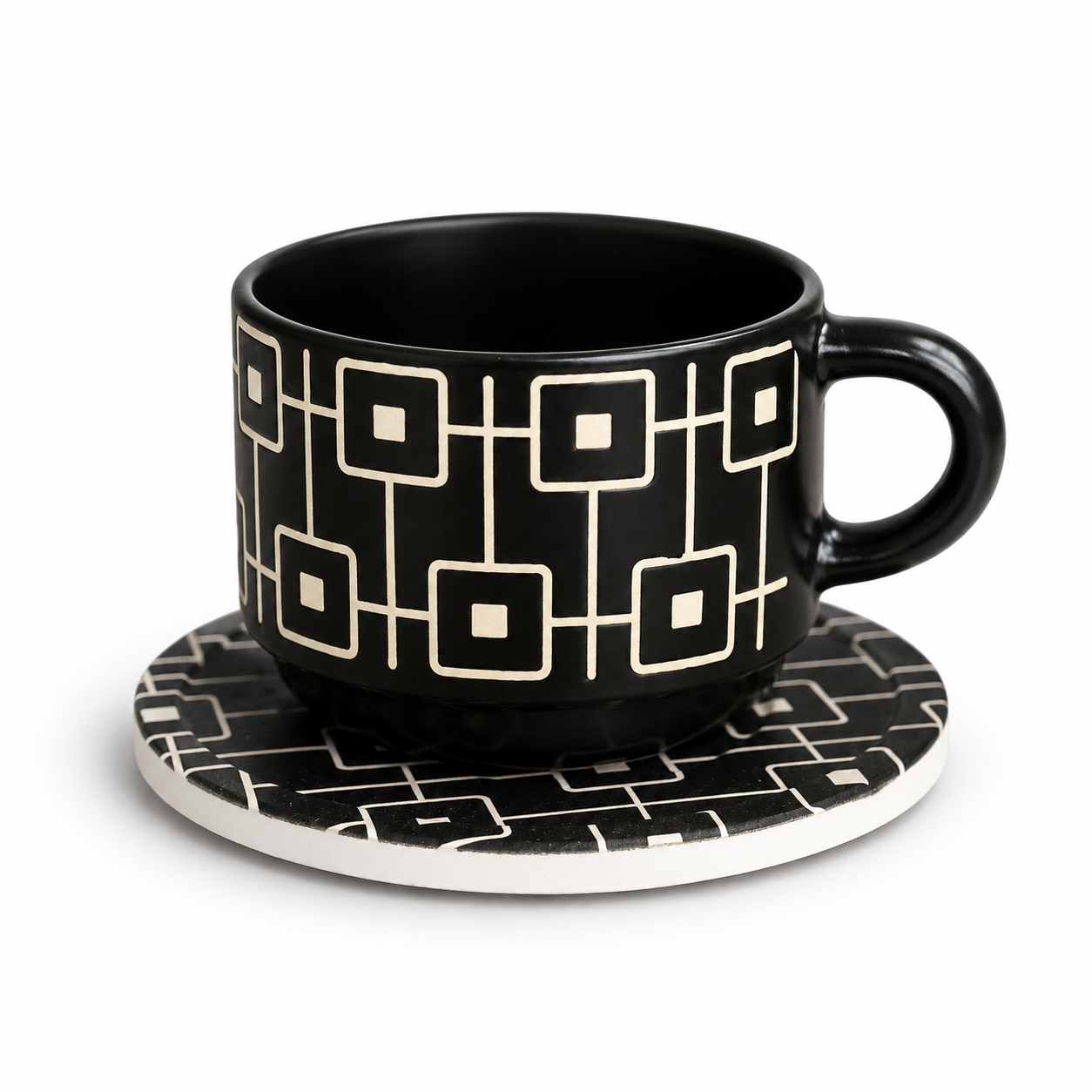 Danny Home Geometric Ceramic Cup & Saucer Set – 6 Pcs | Matte Black