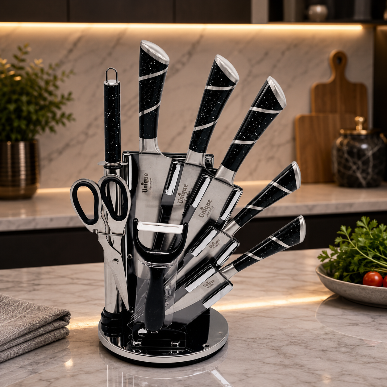 7-Piece Premium Stainless Steel Knife Set with Rotating Stand