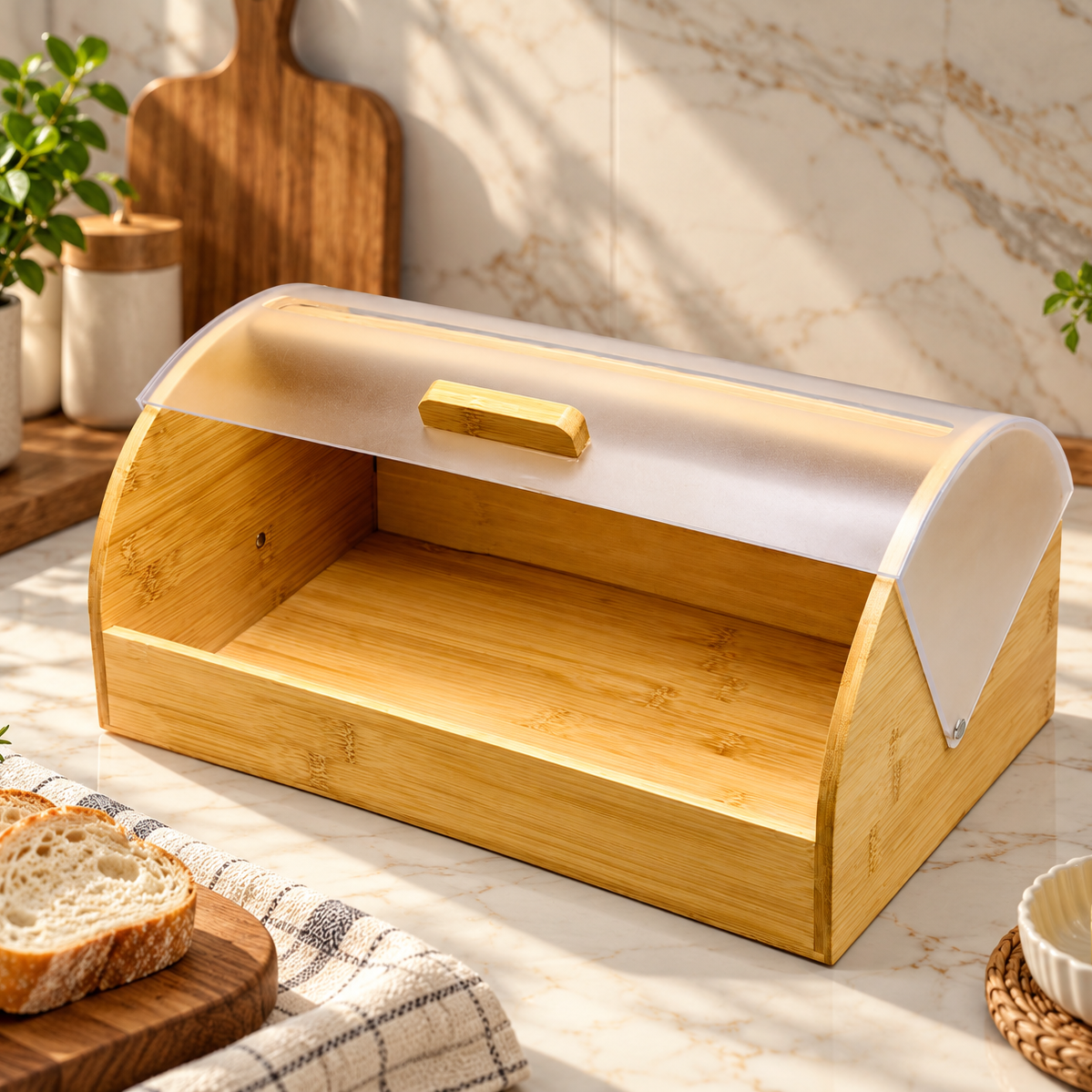 Premium Bamboo Bread Box with Roll-Top Lid