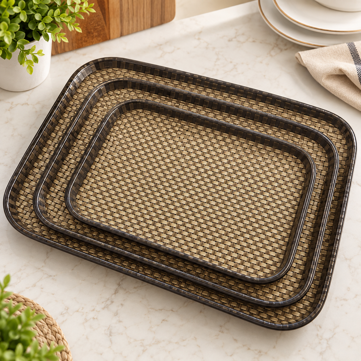 3Pcs Woven Rattan Style Serving Tray Set – Premium Rectangular Trays