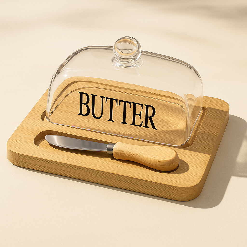 Butter Dish with Bamboo Base and Wooden Knife