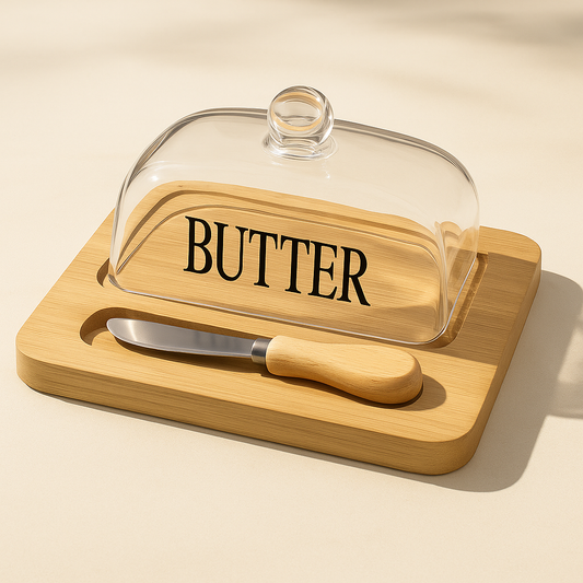 Butter Dish with Bamboo Base and Wooden Knife