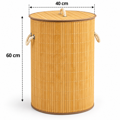 Premium Round Bamboo Laundry Basket with Lid & Rope Handles – 40 × 60 cm