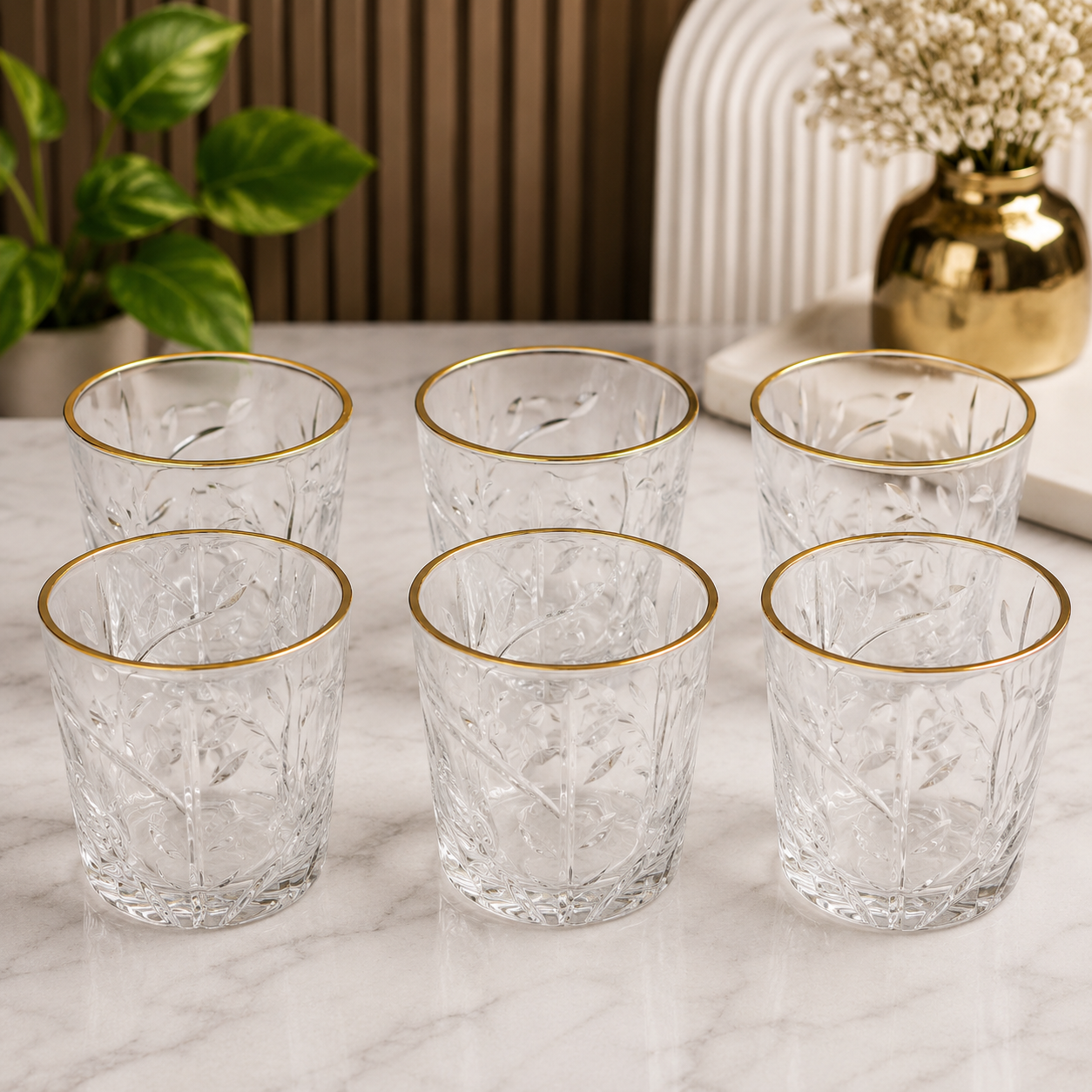 6 Pcs Gold Rim Embossed Glass Tumbler Set