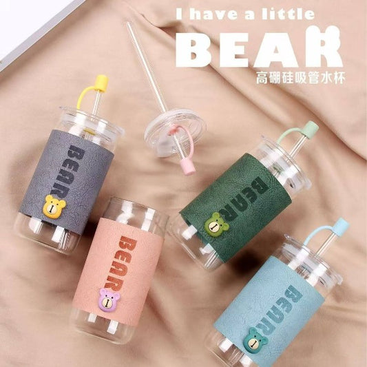 Little Bear Glass Sipper Tumbler with Straw & Sleeve