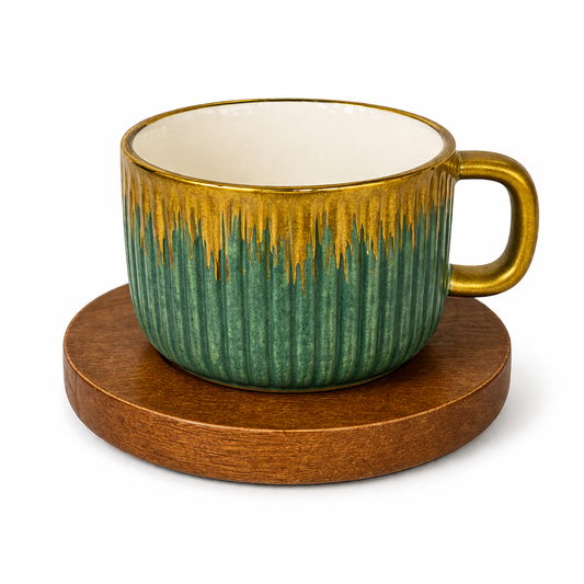 Tea Cup & Saucer Set – 12 Piece Premium Ceramic Set (6 Cups + 6 Wooden Saucers)