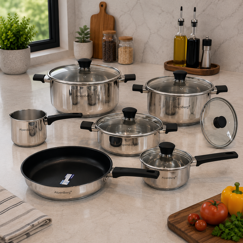 Alpenberg 10 Pieces Stainless Steel Cookware Set with Glass Lids