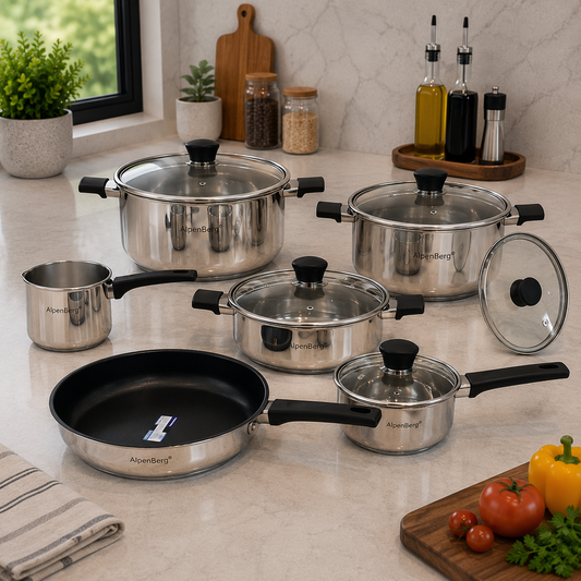 Alpenberg 10 Pieces Stainless Steel Cookware Set with Glass Lids