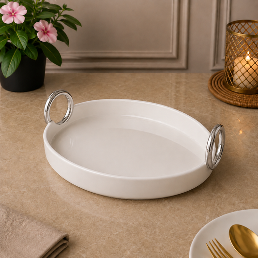 Brilliant Silver Grace 12.5" Oval Ceramic Plate with Handles