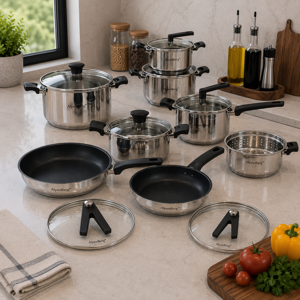 Alpenberg 12 Pieces Stainless Steel Cookware Set with Glass Lids
