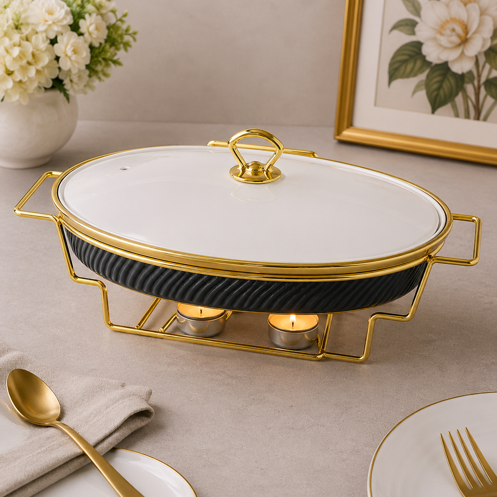 Brilliant 16-Inch Oval Ceramic Chafing Dish with Gold Metal Candle Stand
