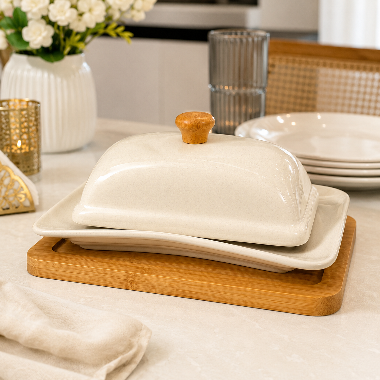 Ceramic Butter Dish with Bamboo Tray & Wooden Lid Handle