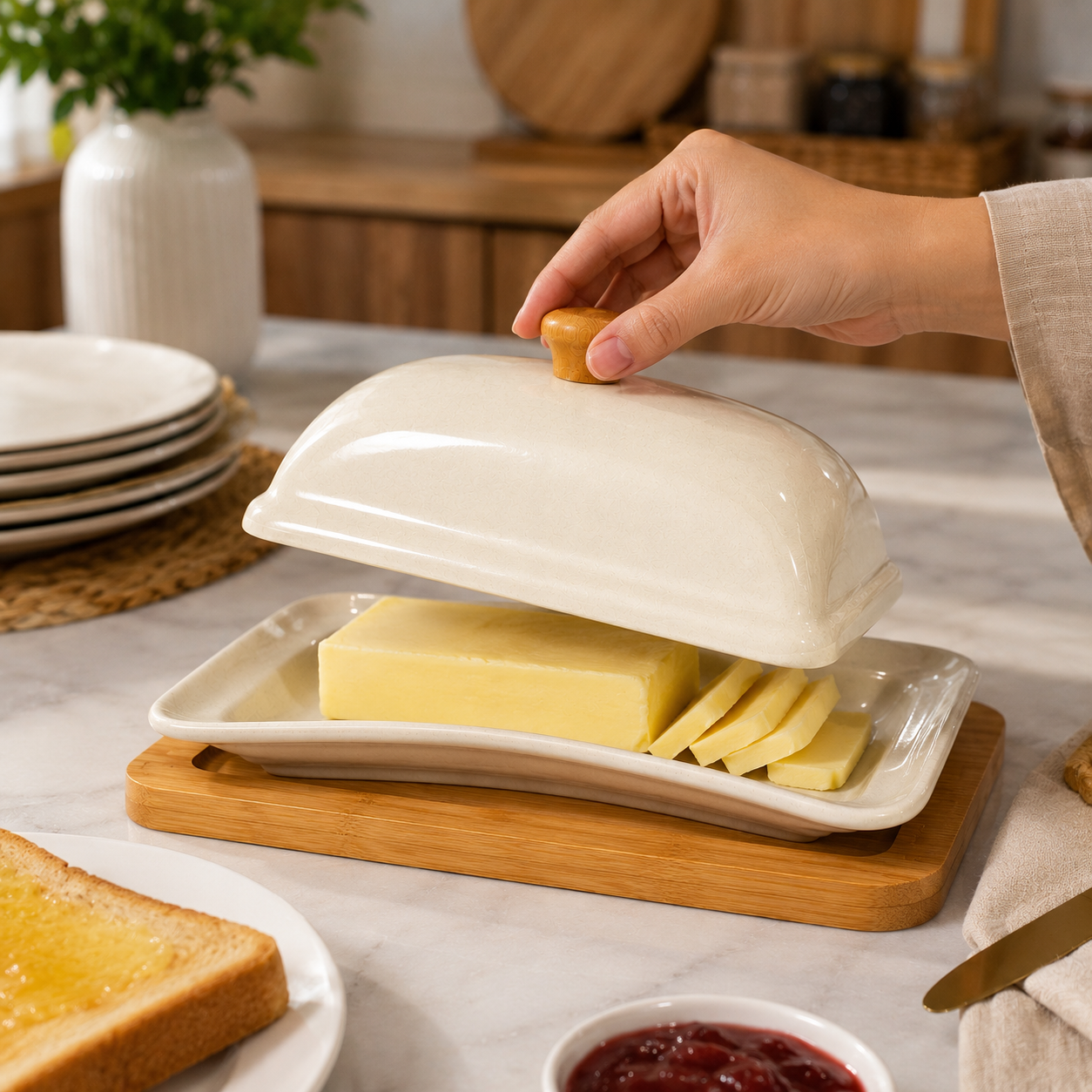 Ceramic Butter Dish with Bamboo Tray & Wooden Lid Handle