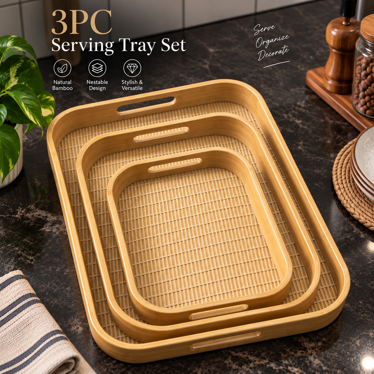 3-Piece Premium Bamboo Serving Tray Set with Woven Design