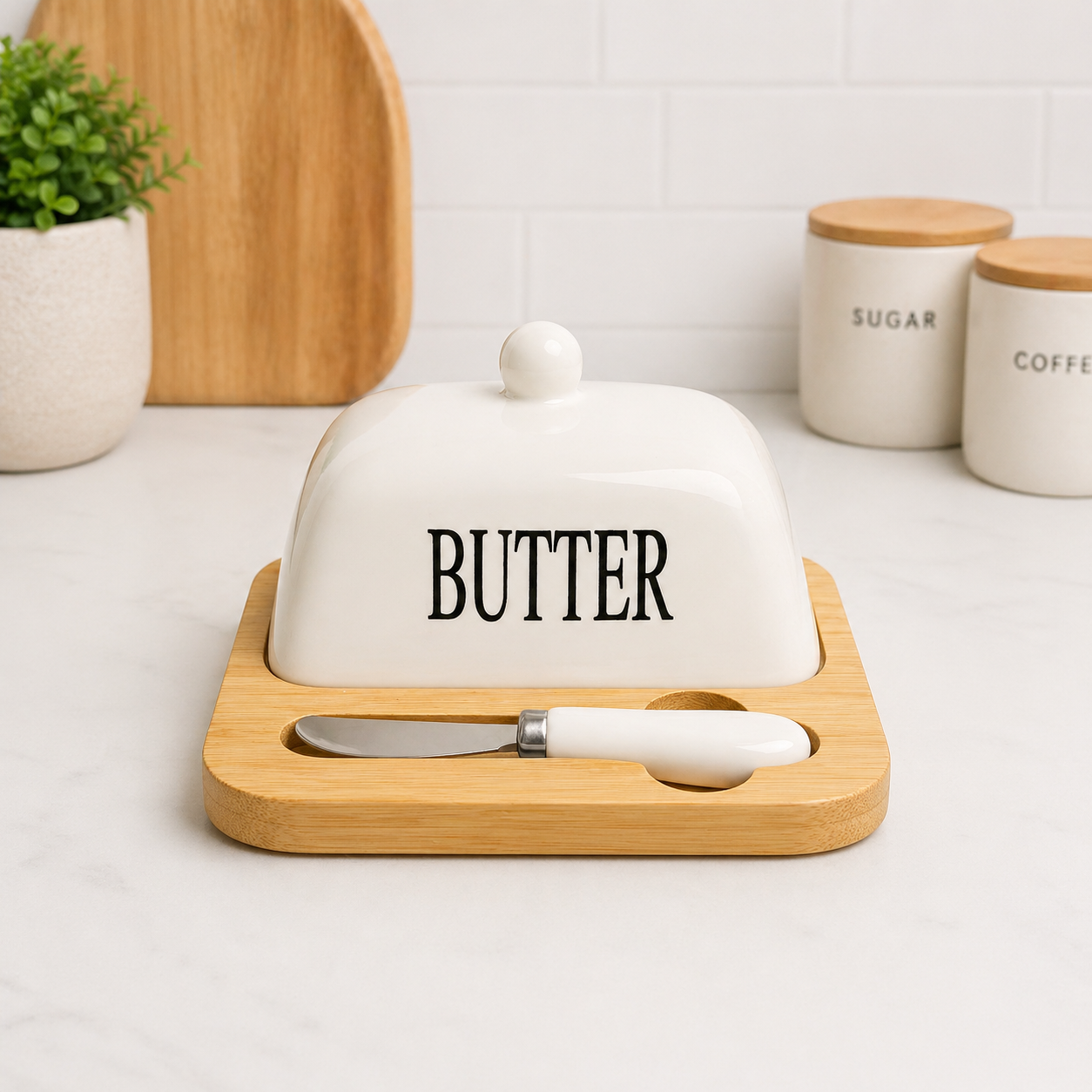 Ceramic Butter Dish with Lid & Bamboo Tray + Knife