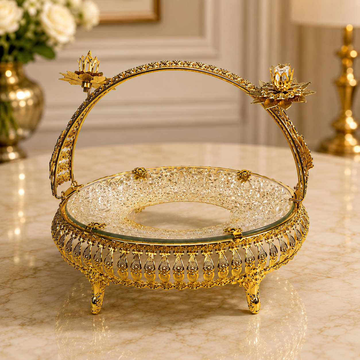 Royal Gold Crystal Serving Basket Tray