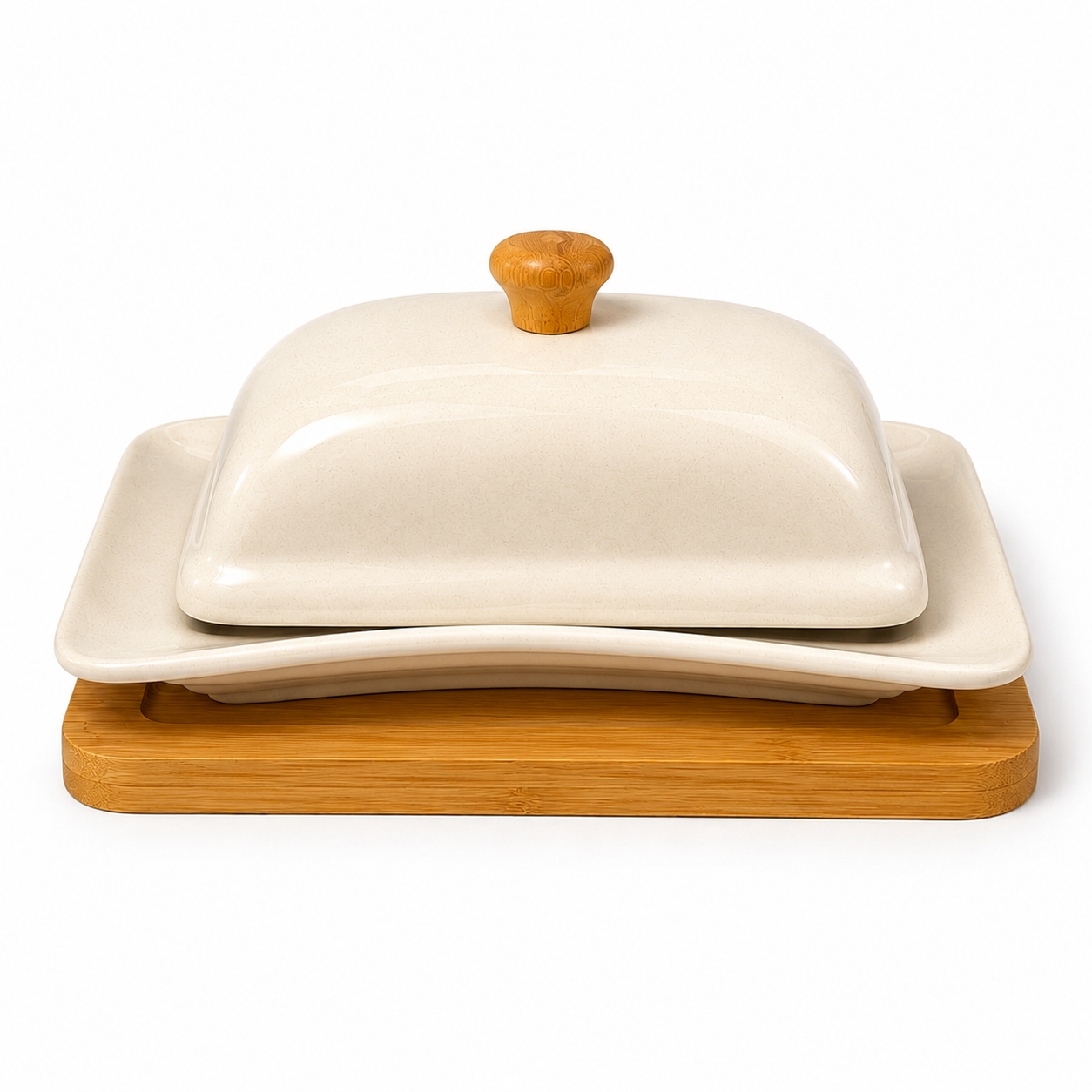 Ceramic Butter Dish with Bamboo Tray & Wooden Lid Handle