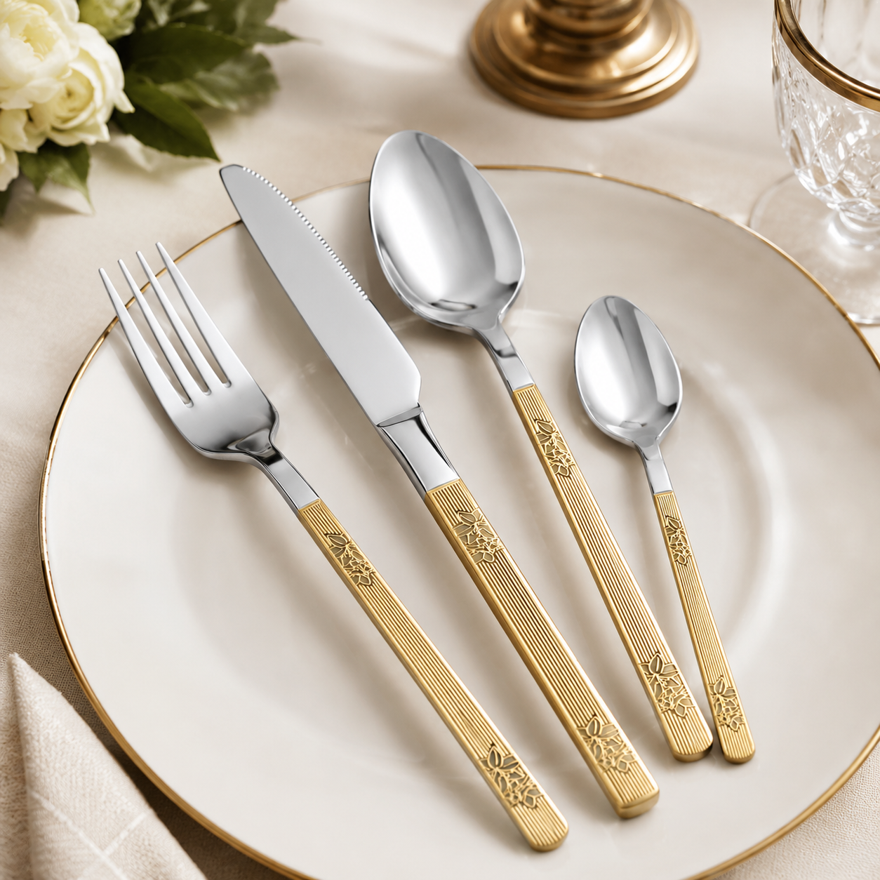 24-Piece Gold Floral Cutlery Set