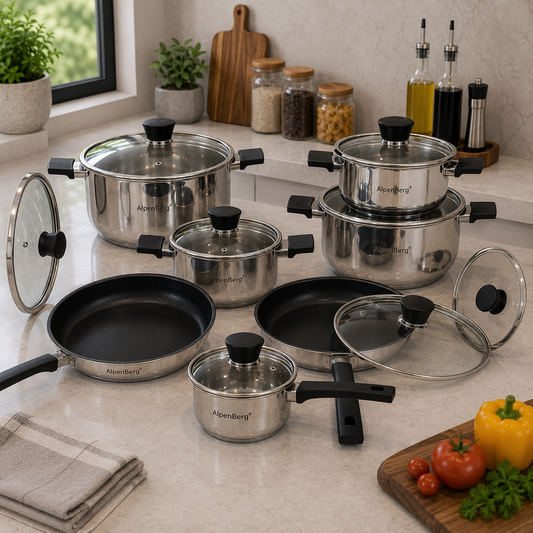 Alpenberg 12 Pieces Stainless Steel Cookware Set with Glass Lids