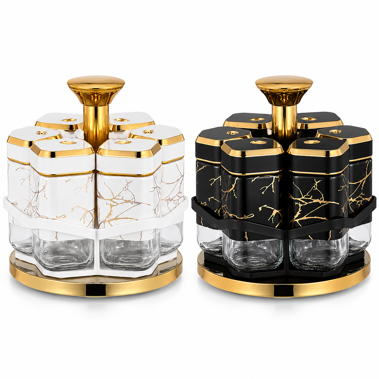 6-Piece Rotating Spice Jar Set – White & Black
