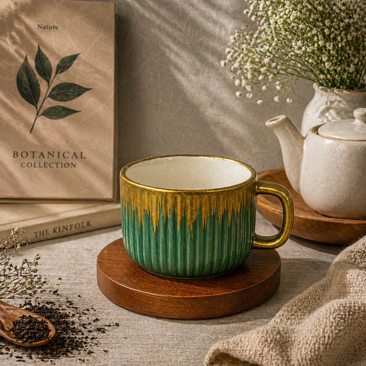 Tea Cup & Saucer Set – 12 Piece Premium Ceramic Set (6 Cups + 6 Wooden Saucers)