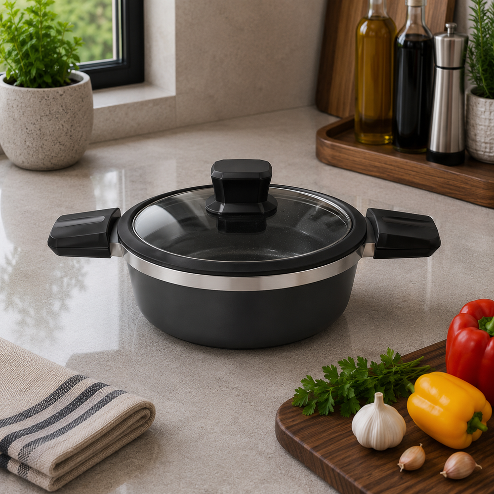 Alpenberg 20cm Pot Black/Silver with Glass Lid