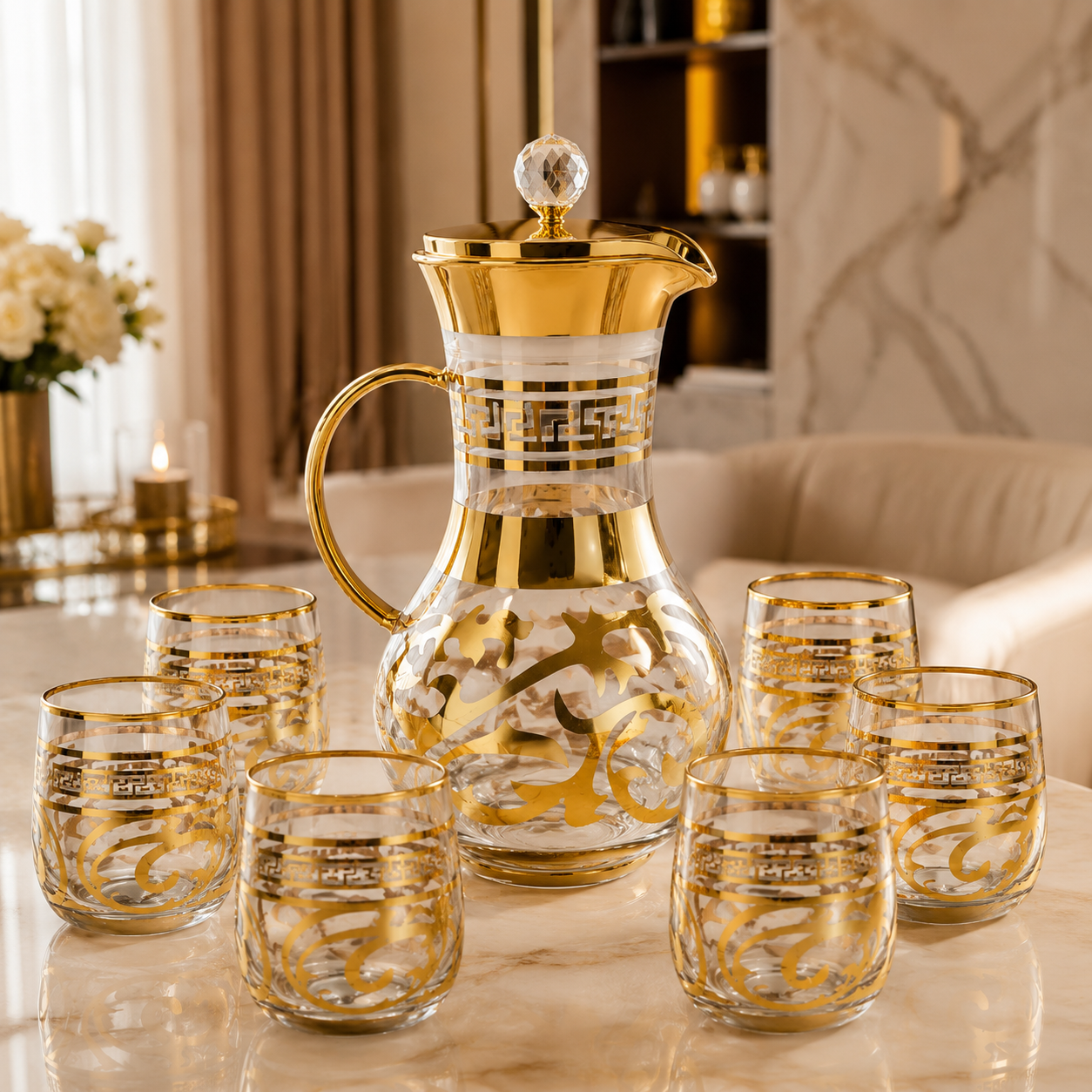 Luxury Gold Glass Water Set – 7 Pieces