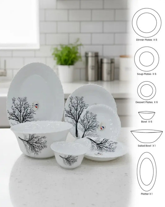 Midnight Tree 26-Piece Opalware Dinner Set – Elegant Minimalist Tableware for 6 Persons
