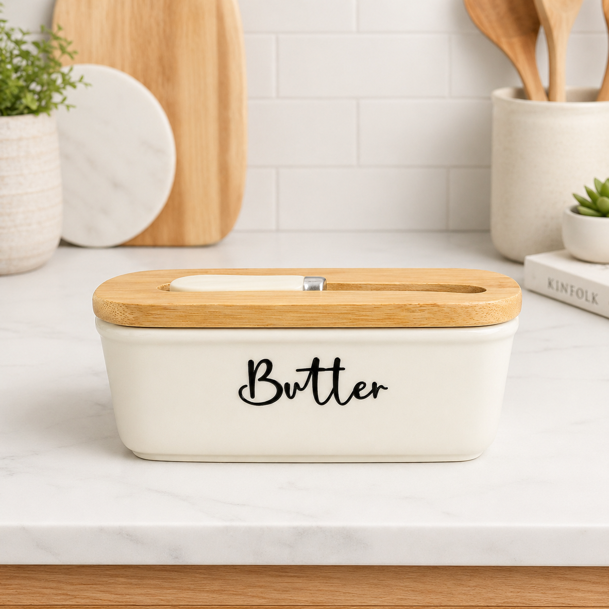 Elegant Ceramic Butter Dish with Bamboo Lid & Knife